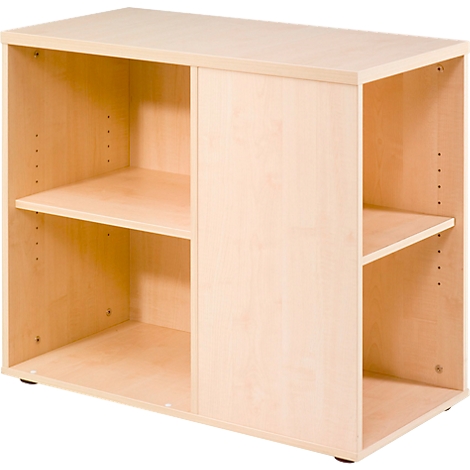 Light wooden cabinet with two open compartments and a sliding door.