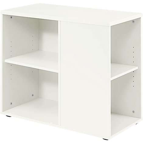 White shelf with two compartments on the left, one on the right, and a covered area.