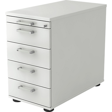 White office container with four drawers and silver handles. The cabinet is slightly tilted.