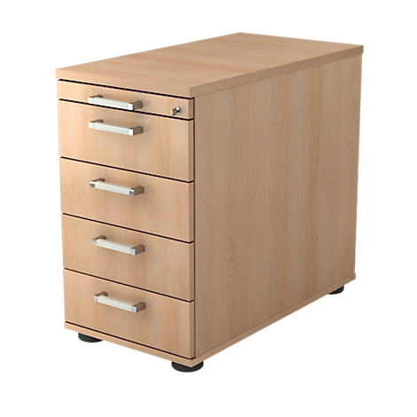 Beige wooden container with four drawers and silver handles. On a black base, against a white background.
