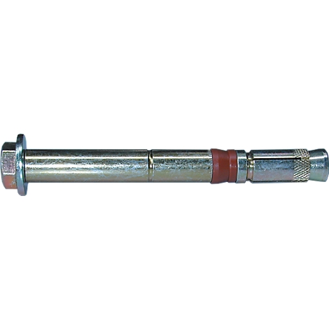 Close-up of a steel screw with red rubber ring and hexagonal head.