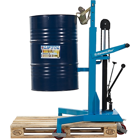 Blue drum lifter with blue drum on pallet. The lifter has the lettering 'HanseLifter'.