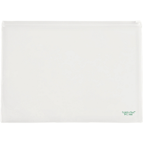Durchsichtige, weiße Dokumentenmappe mit grünem Logo, die mit „FolderSys PVC-frei“ beschriftet ist.