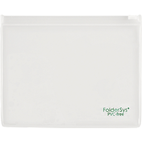 Weißes, durchsichtiges Etui mit Reißverschluss. Auf der rechten unteren Ecke steht in grüner Schrift "FolderSys PVC-free".
