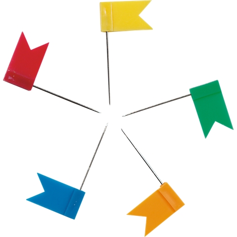 Five colored flag pins, arranged like petals. Red, yellow, green, blue and orange.