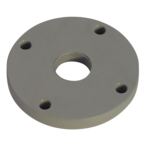 Grey, round metal plate with four holes and a thread in the middle.