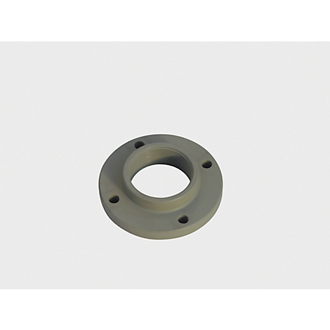 Gray round flange with four holes and a hole in the middle. Against white background.