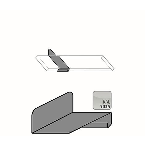 Graue, gefaltete Metallhalterung, darunter eine schematische Darstellung. Im Eck ein Label mit RAL 7035.