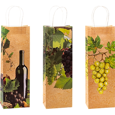 Drei braune Weinflaschentaschen mit unterschiedlichen Weinmotiven: Flasche, Trauben und Blätter. Weiße Tragegriffe.