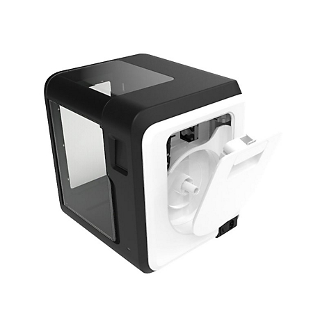 Kompakter 3D-Drucker in Schwarz und Weiß mit geöffneter Seitenklappe für die Filamentrolle.