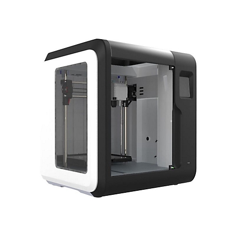 Kompakter 3D-Drucker mit schwarz-weißem Gehäuse und Sichtfenster vor neutralem Hintergrund.