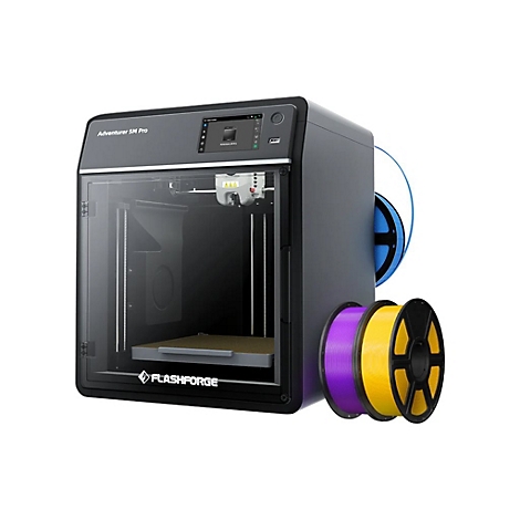 Schwarzer 3D-Drucker Flashforge Adventurer 5M Pro mit Filamentrollen in Lila, Gelb und Blau.