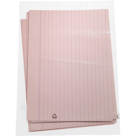 A stack of pink, lined paper against a white background. Two sheets are visible in the upper left, slightly angled.