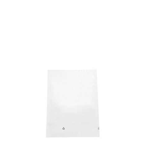 Transparent, rectangular plastic bag with symbols.