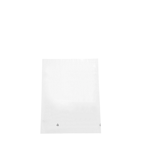 White transparent bag on white background. Small symbols at the bottom.