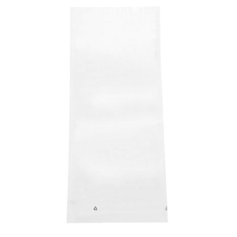 A rectangular white plastic bag with gray symbols on the bottom.