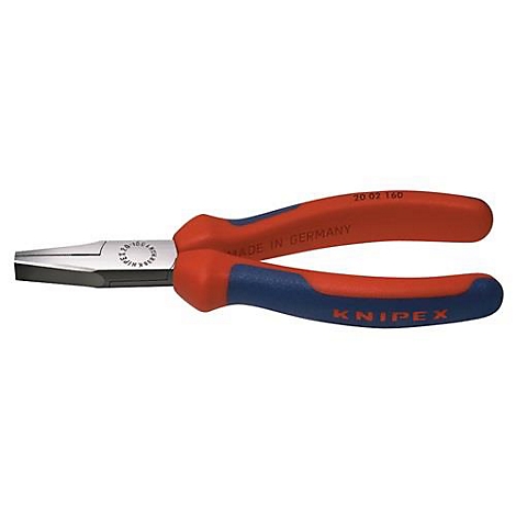 Flat-nose pliers with red and blue handles, showing "KNIPEX" and "MADE IN GERMANY".