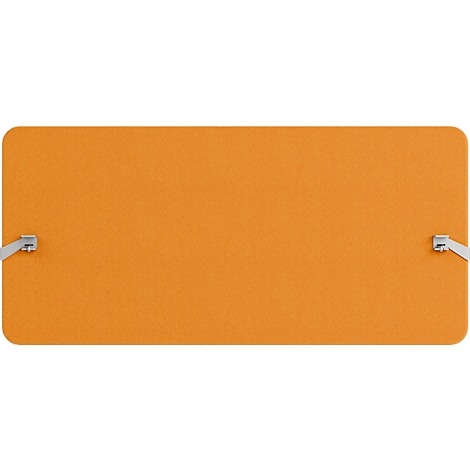 Rechthoekig oranje bord met twee zilveren beugels.