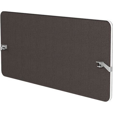 Grijze geluiddichte wand met metalen beugels. Afgeronde hoeken en wit frame.