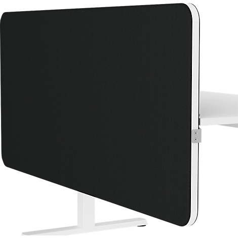 Zwart scheidingselement op een witte bureau. Een wit frame omringt het zwarte oppervlak. Daaronder een witte, Y-vormige poot.