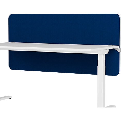 Bureau met blauwe geluiddichte wand. De tafel is wit, de wand heeft afgeronde hoeken.
