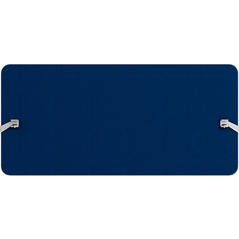 Rechthoekig, donkerblauw object met afgeronde hoeken en twee witte beugels.