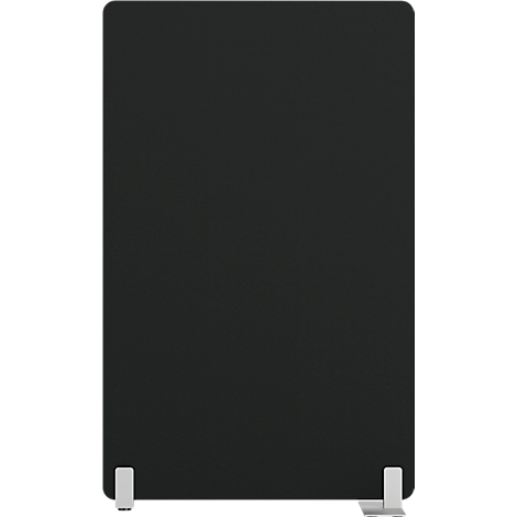 Zwart rechthoekig element met zilveren voetjes. Minimalistisch ontwerp, mogelijk een roomdivider.