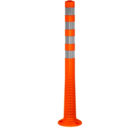Orange traffic post with silver reflective stripes. The base is wide and round.