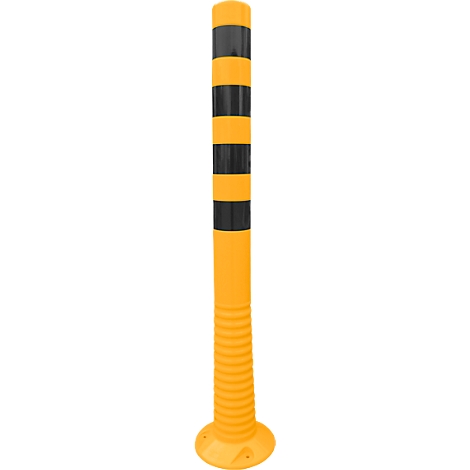 Yellow and black traffic bollard, cylindrical, with a wide base.