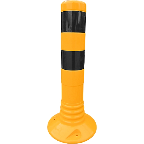 Yellow and black bollard. Cylindrical with a round base, yellow with black stripes.