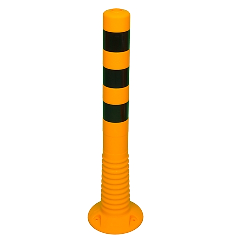 Yellow and black bollard, cylindrical, with reflector stripes and a round base.