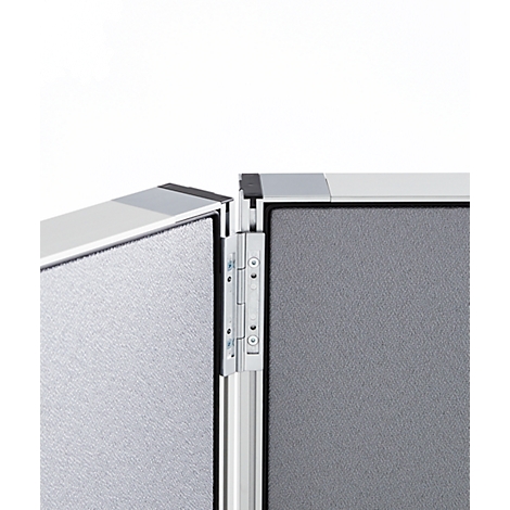 Close-up of a hinge construction connecting two gray textured panels.