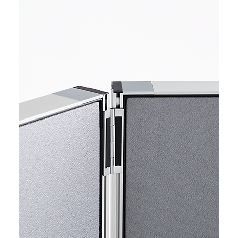 Close-up of a hinge connecting two grey panels. Black and silver.