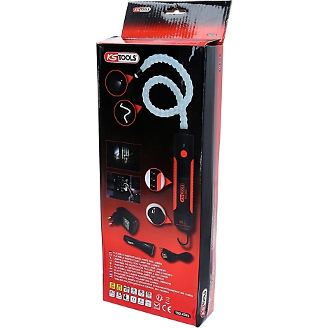 KS TOOLS-Box. Die Verpackung zeigt ein Produkt mit flexiblem Hals und einer rot beleuchteten Taste. Auf der Box befinden sich weitere Komponenten.