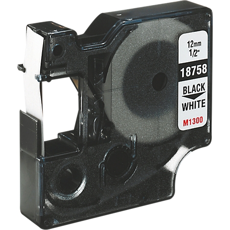 Label tape, black on white. Inscription: 12mm/1/2", 18758 BLACK WHITE M1300.