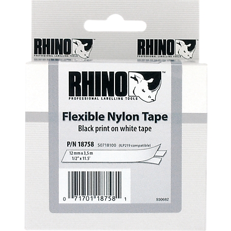 Rhino label tape. Black print on white tape, product name and barcode on the packaging.