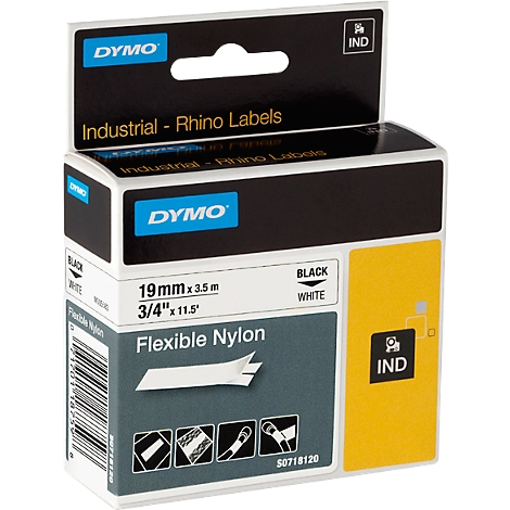 A DYMO label roll in a package, with text on the label that reads: Flexible Nylon, black, white, 19mm x 3.5m.