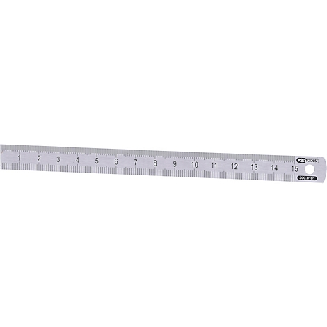 Ein silbernes Lineal mit Zentimetereinteilung. Aufgedruckte Zahlen von 1 bis 15.