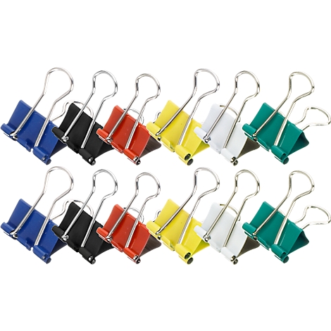 Onder het aanzicht van paperclips in verschillende kleuren: blauw, zwart, rood, geel, wit en groen. Metalen handgrepen zijn zichtbaar.
