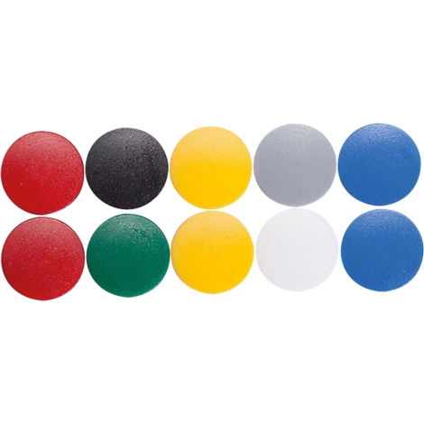 Tien gekleurde, cirkelvormige magneten in rood, zwart, geel, grijs, blauw, groen en wit.