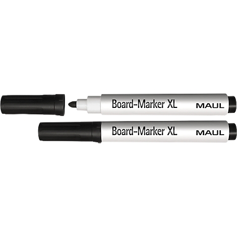 Twee zwarte Board-Marker XL van Maul, één met de dop eraf, naast een dop.
