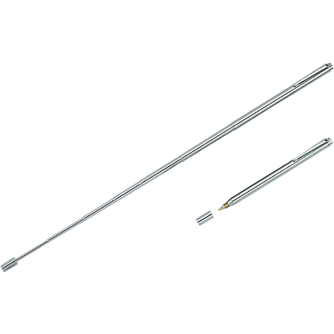 Een metalen pen in twee delen, met een zichtbare punt en een losgemaakt kapgedeelte.