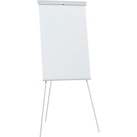 Un tableau de conférence blanc sur un trépied blanc. Le support est légèrement incliné, le tableau de conférence est vide.
