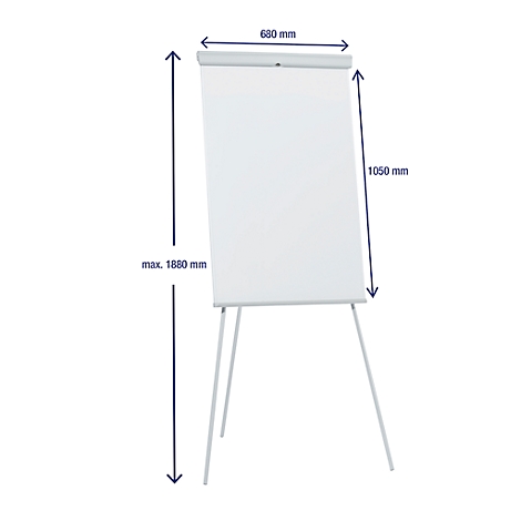 Tableau blanc sur un trépied. Dimensions : 680 mm de large, 1050 mm de haut, max. 1880 mm de haut.