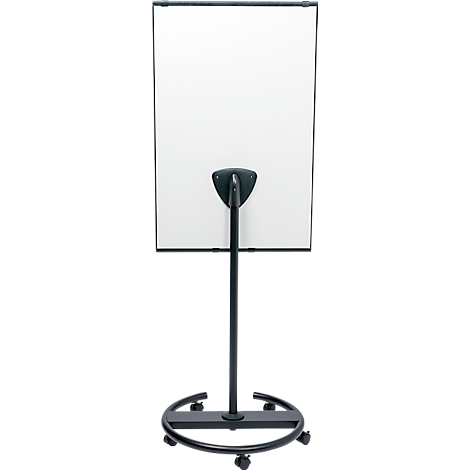 Tableau blanc sur support roulant. Cadre, support et roues noirs.