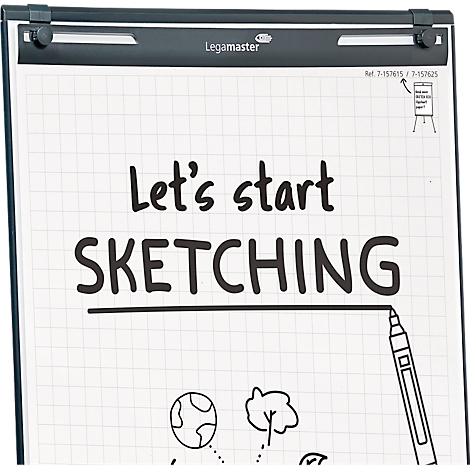 Un tableau blanc avec les mots "Let's start SKETCHING". A côté, une illustration d'une main tenant un marqueur.