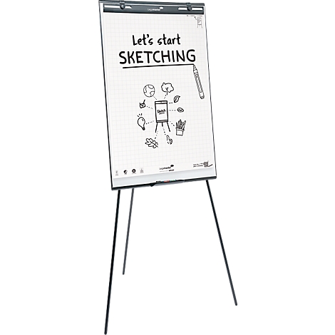 Un tableau blanc avec les mots "Let's start SKETCHING" et des illustrations. Le tableau est sur un trépied noir.