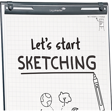 Tableau blanc avec les mots : « Let's start SKETCHING ». Des croquis d'un globe, d'un arbre et d'un stylo se trouvent en dessous.