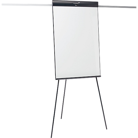 Paperboard avec trois pieds noirs fins et bras latéraux extensibles sur fond blanc.