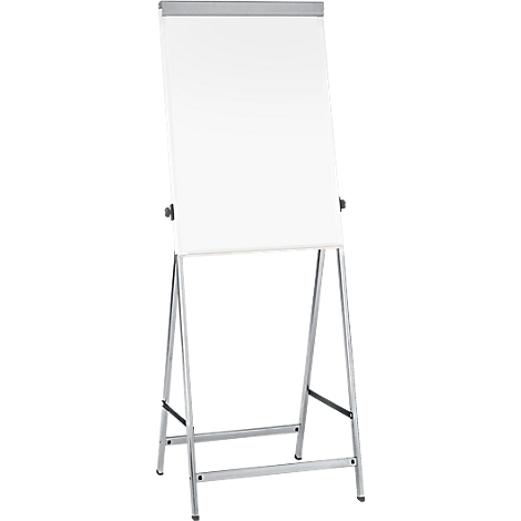 Un tableau de conférence blanc avec un cadre et des pieds argentés. La surface est vierge.
